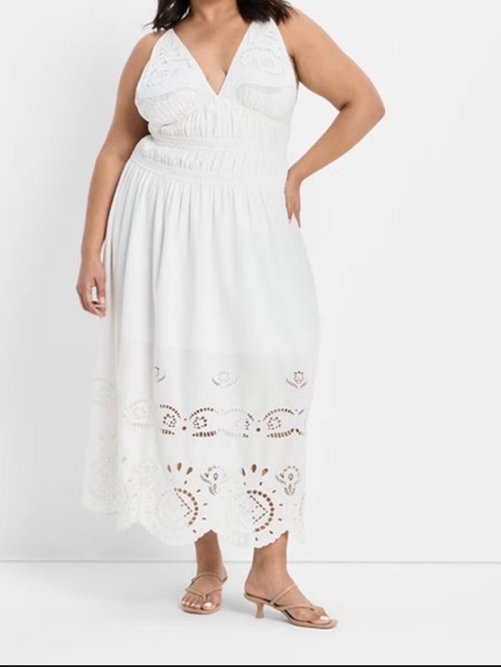 White Eyelet Midi Dress with V-Neck
